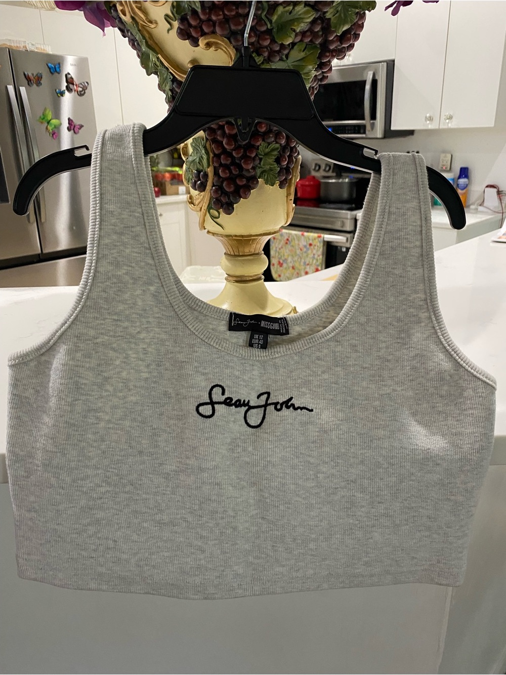 Missguided + Light Gray Ribbed Crop Tank with Black Script Logo